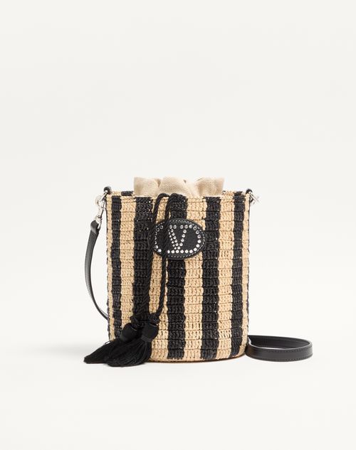 Valentino Garavani - Valentino Garavani Small Striped Raffia Bucket Bag - Natural/black - Woman - Shoulder Bags